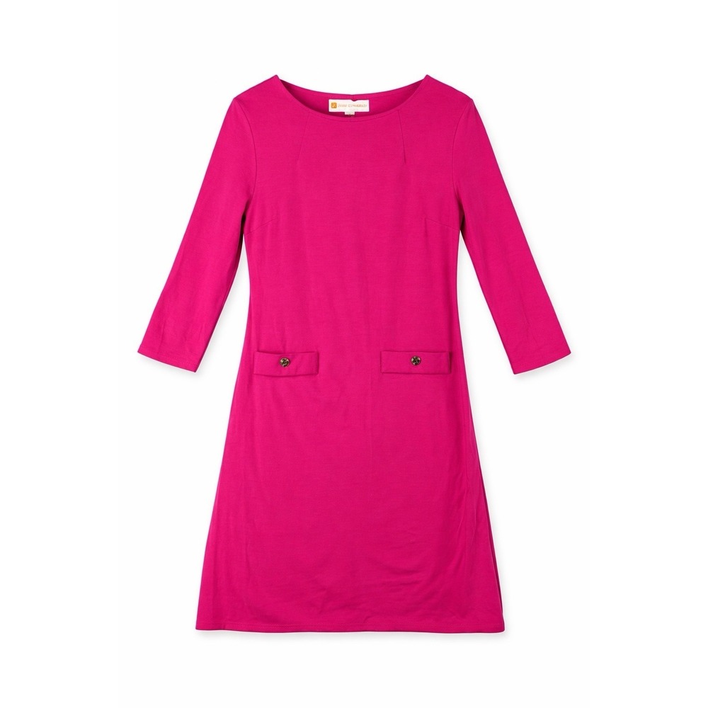 Jude Connally Sabine Dress M Hot Pink Shift 3/4 Sleeve Gold Button Ponte USA